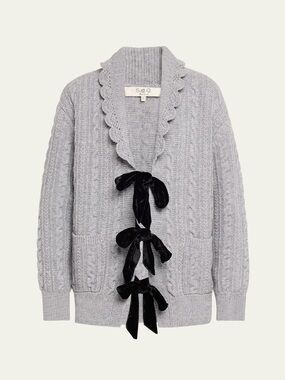 Sea Grey Cable-Knit Cardigan with Black Velvet Bows